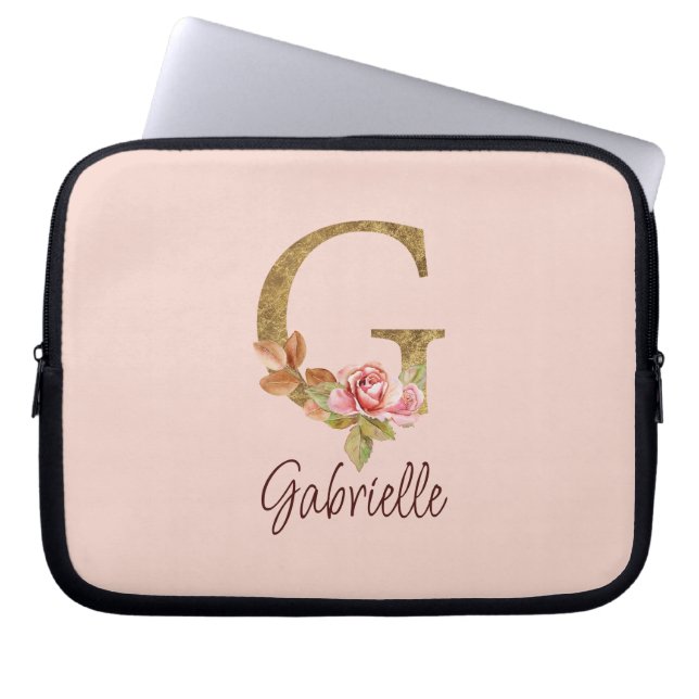 Aangepaste Naam Letter G Gold Folie Blush Pink Ros Laptop Sleeve (Voorkant)