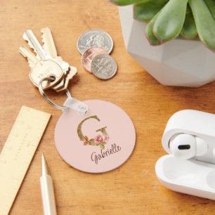 Aangepaste naam letter G goud folie blos roze roze Sleutelhanger