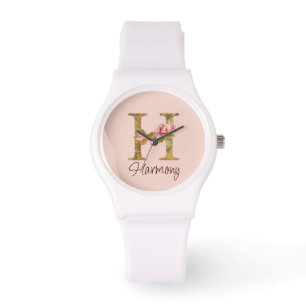 Aangepaste naam letter H goud folie blos roze roze Horloge