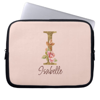 Aangepaste naam letter I goud folie roze rozen Laptop Sleeve