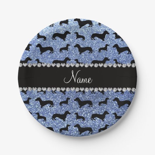 Aangepaste naam lichtblauwe glitter dachshunds papieren bordje (Voorkant)