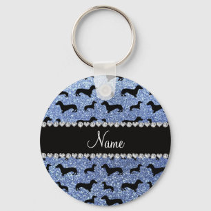 Aangepaste naam lichtblauwe glitter dachshunds sleutelhanger