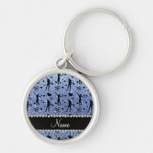 Aangepaste naam lichtblauwe glitter tennis harten sleutelhanger