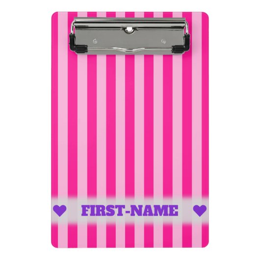 Aangepaste naam + lichtroze en dieproze strepen mini klembord (Voorkant)