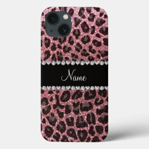 Aangepaste naam lichtroze glitter leopard print iPhone 13 hoesje