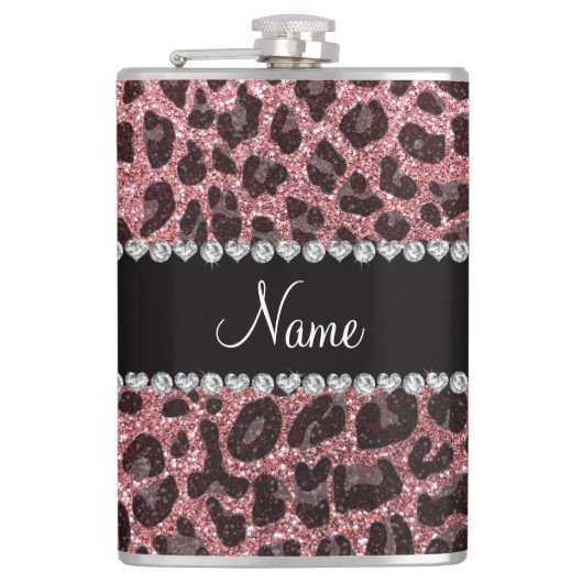 Aangepaste naam lichtroze glitter leopard print heupfles (Voorkant)