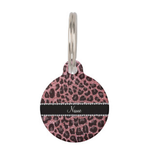 Aangepaste naam lichtroze glitter leopard print huisdierpenning