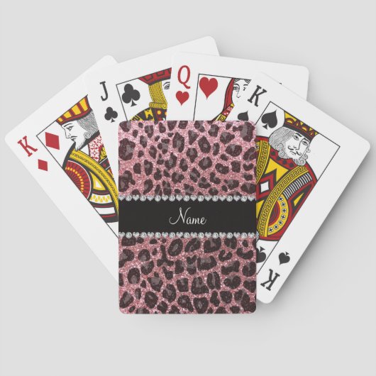 Aangepaste naam lichtroze glitter leopard print speelkaarten (Achterkant)