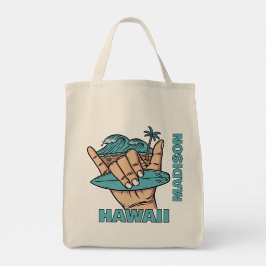 Aangepaste Naam & Locatie Surf Shaka Tote Bag (Achterkant)
