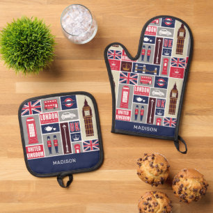 Aangepaste naam London UK Icons Ovenwant & Pannenlap Set