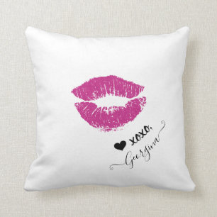 Aangepaste naam Meisje Chic Pink Lips Black Heart Kussen