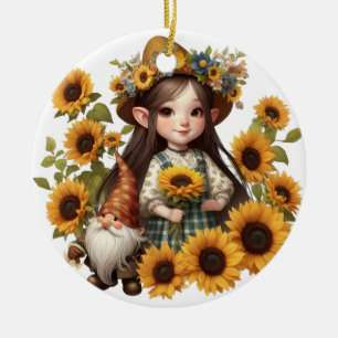 Aangepaste naam meisje gnome zonnebloemen keramisch ornament