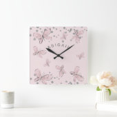 Aangepaste naam meisjesroze vlinder Silver Vierkante Klok (Huis)
