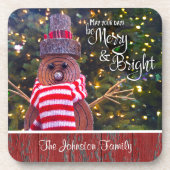 Aangepaste naam Merry and Bright Cute Rustic Snowm Bier Onderzetter (Voorkant)