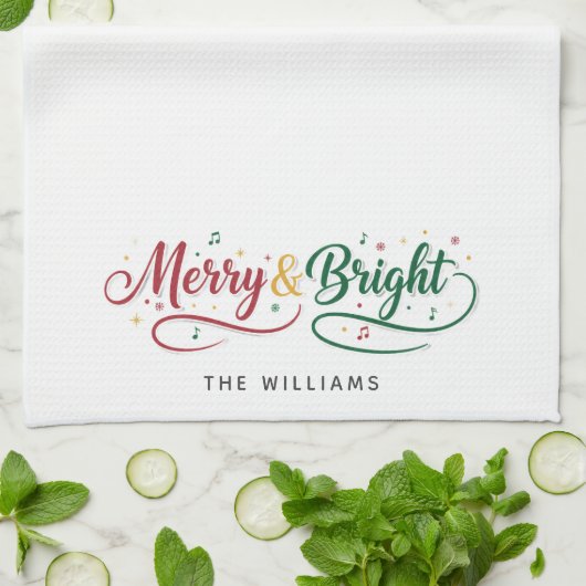 Aangepaste naam Merry & Bright Script Minimalistis Theedoek (Gevouwen)