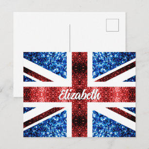 Aangepaste naam met UK rode blauwe glitters Briefkaart