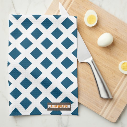 Aangepaste naam modern blauw, wit, stijlvol patroo theedoek (Quarter Fold)