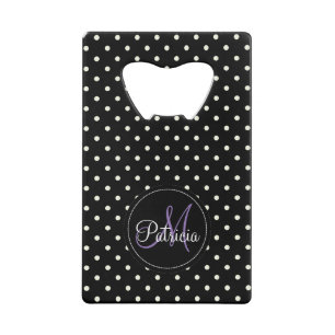 Aangepaste naam Monogram. Black White Polka Dots Kredietkaart Flessenopener