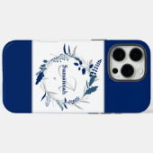 Aangepaste naam monogram blauwe bloemenkrans Case-Mate iPhone case (Achterkant (horizontaal))
