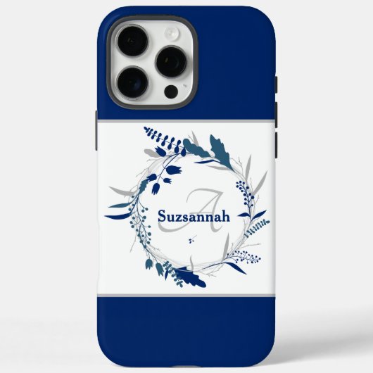 Aangepaste naam Monogram Blue Floral Wreate Case-Mate iPhone Case (Achterkant)