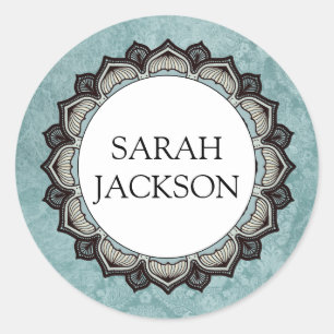 Aangepaste naam Monogram Blue Grey Flower Petals Ronde Sticker
