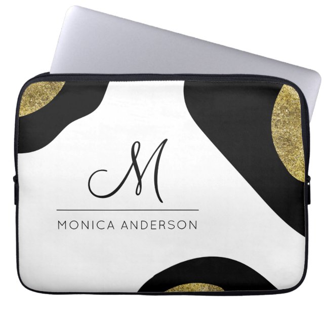 Aangepaste naam & Monogram Gold Abstracte laptopho Laptop Sleeve (Voorkant)