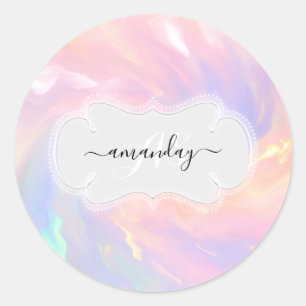Aangepaste naam monogram holografische eenhoorn ro ronde sticker