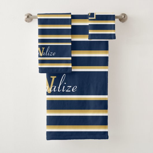 Aangepaste naam Monogram Navy Blue Gold White Stri Bad Handdoek (Insitu)