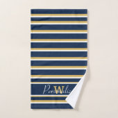 Aangepaste naam Monogram Navy Blue Gold White Stri Bad Handdoek (Handdoek)