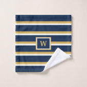 Aangepaste naam Monogram Navy Blue Gold White Stri Bad Handdoek (Wasdoekje)