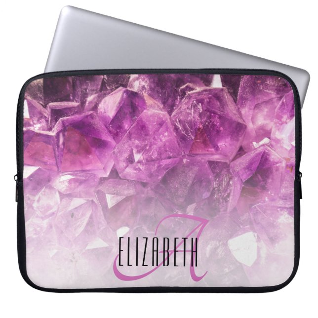 Aangepaste naam Monogram Paarse Ombre Crystals Laptop Sleeve (Voorkant)