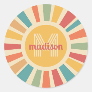 Aangepaste naam & Monogram Retro Stripes Ronde Sticker