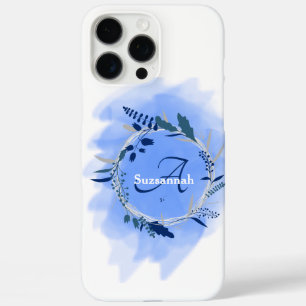 Aangepaste naam monogram waterverf blauwe krans iPhone 16 pro max hoesje
