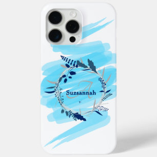 Aangepaste naam monogram waterverf blauwe krans iPhone 15 pro max hoesje