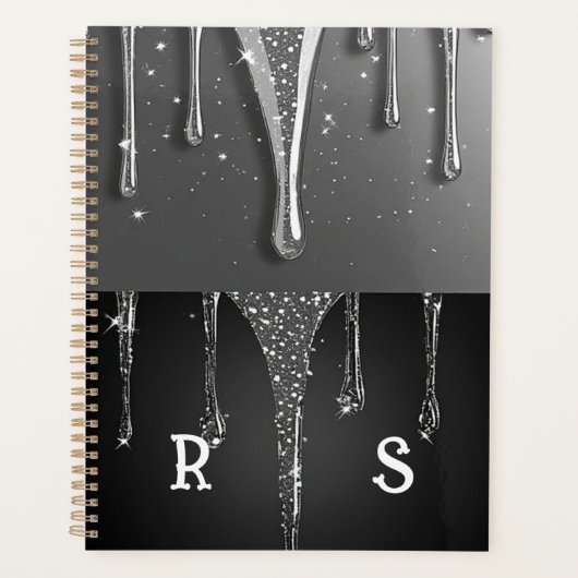 Aangepaste naam Monogram Zilveren Glitter Druppels Planner (Voorkant)