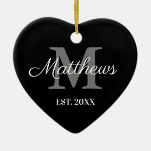 Aangepaste naam monogram zwart en wit Kerstmis Keramisch Ornament
