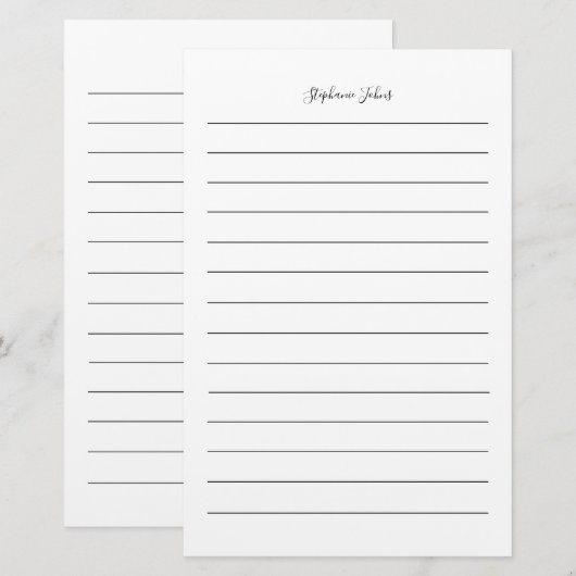 Aangepaste naam Monogram Zwart Lijnen Wit Eenvoudi Briefpapier (Voorkant / Achterkant)