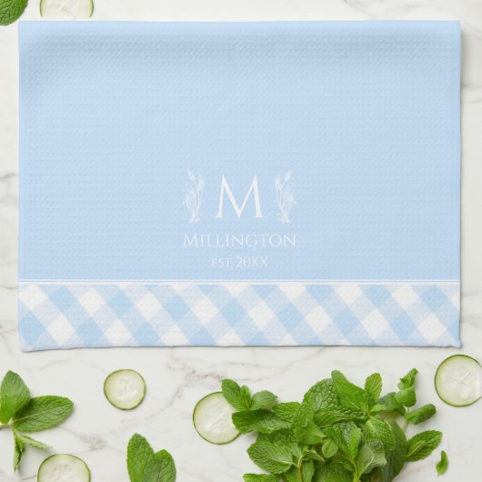 Aangepaste Naam Monogrammed Blauw & Wit Gingham Theedoek (Gevouwen)