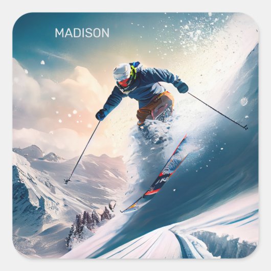 Aangepaste naam Mountain Skier Vierkante Sticker (Voorkant)