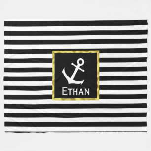 Aangepaste naam Nautical Black en White Anchor Fleece Deken