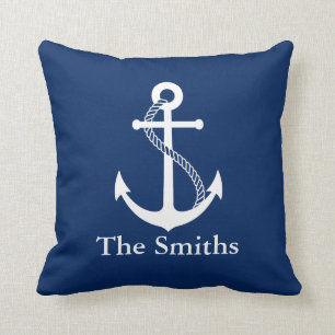 Aangepaste naam Nautical Navy Blue met witte anker Kussen
