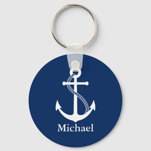 Aangepaste naam Nautical Navy Blue met witte anker Sleutelhanger (Voorkant)
