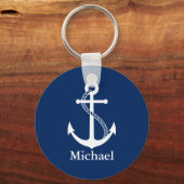 Aangepaste naam Nautical Navy Blue met witte anker Sleutelhanger (Voorkant)
