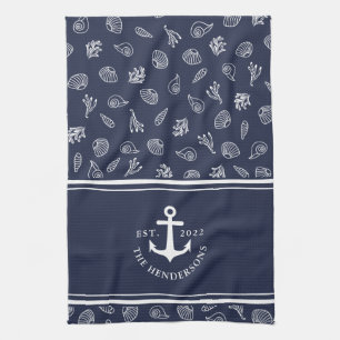 Aangepaste naam Nautical Navy Blue White Anchor Theedoek