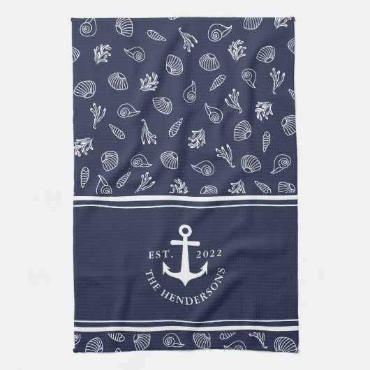 Aangepaste naam Nautical Navy Blue White Anchor Theedoek (Verticaal)