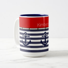 Aangepaste Naam Nautische Ankers Stripes Patroon Tweekleurige Koffiemok