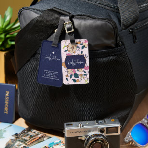 Aangepaste naam Navy Blue Bloem Abstract Script Na Bagagelabel
