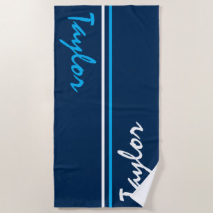 Aangepaste naam Navy Blue, Blue en White Striped Strandlaken