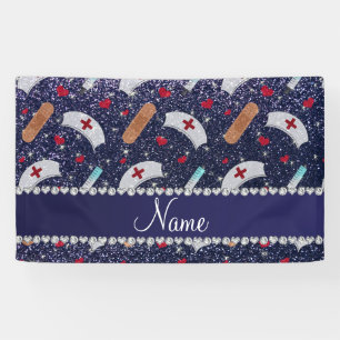 Aangepaste naam navy blue glitter verpleegster pet spandoek
