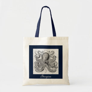 Aangepaste naam Navy Blue & Grey Ocean Octopus Tote Bag